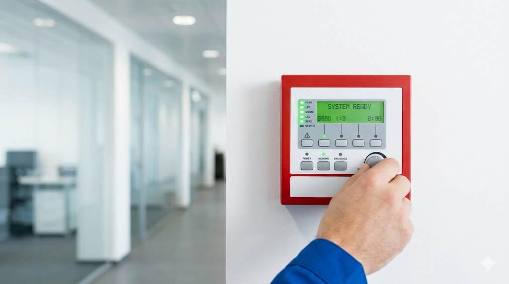 Commercial fire alarm control panel showing system ready status